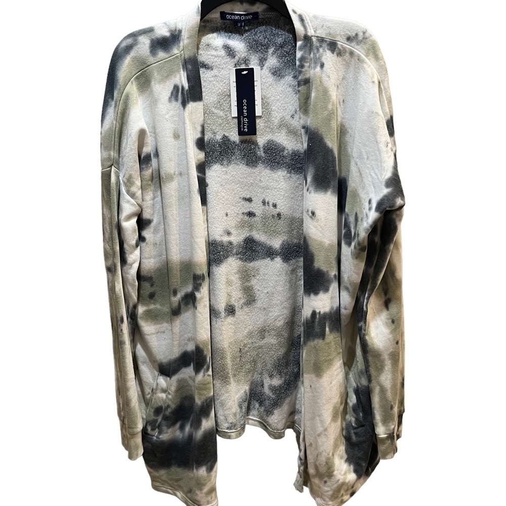 NEW Ocean Drive Tie Dye Open Front Sweatshirt Cardigan Gray/White Sz M